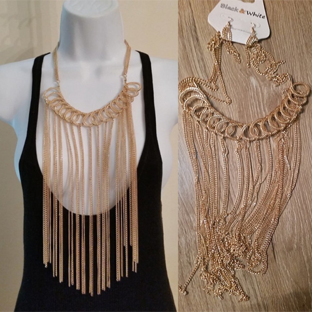 𝅺New gold tone statement sexy jewelry set necklace and earrings